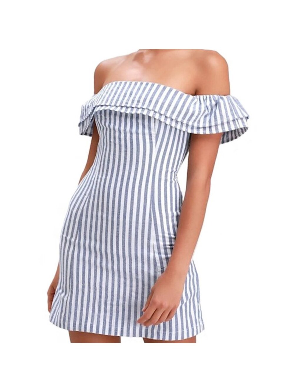 Lulus Seaside Skipper Blue White Striped Off-the-Shoulder Mini Dress Small 67544